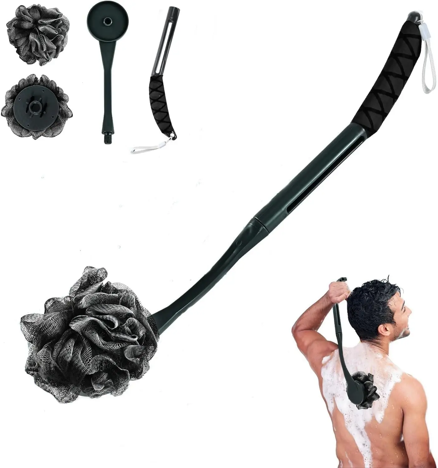 20.5" Loofah with Handle Replaceable Shower Body Scrubber Dark Black Men