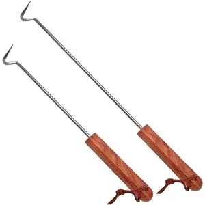 2 count  Flipper Turner Hooks Stainless Steel BBQ Meat Turners Cooking Barbecue Hooks Grill Accessories with Wooden Handle for Grilling &  (17.5 in+12.5 in)