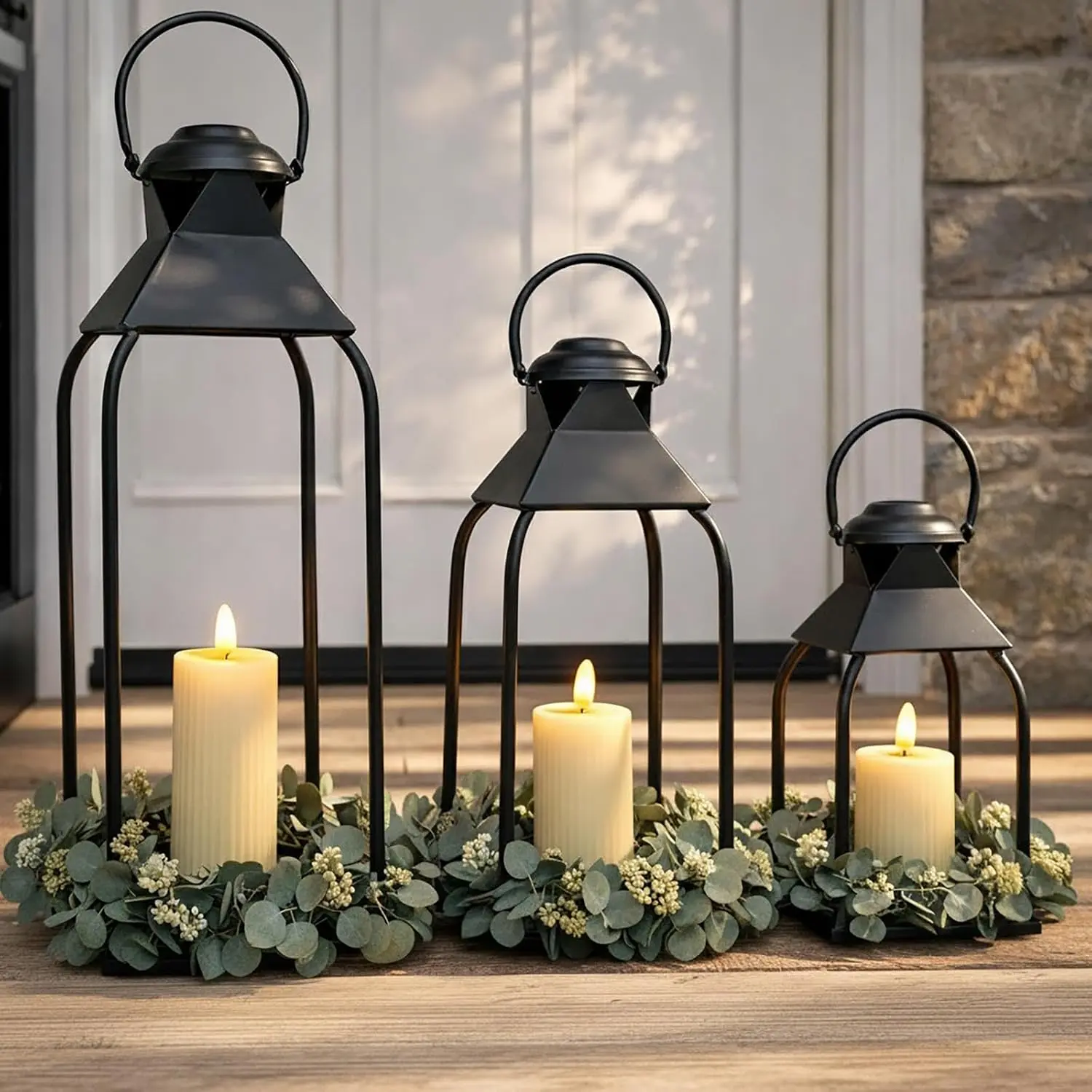 ZLFart Black Decorative Metal Lanterns Set of 3 (20in,15.7in,12in) - Indoor Outdoor Candle Holders, Farmhouse Table Centerpiece, Gift for Holiday Decor