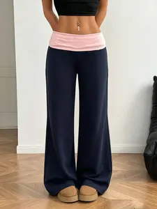Viral Y2K Wide Leg Pants for Z Generation Girls, Contrast Waistband, Flared Style, Perfect for Casual Wear, Home Clothes, Teen Fashion