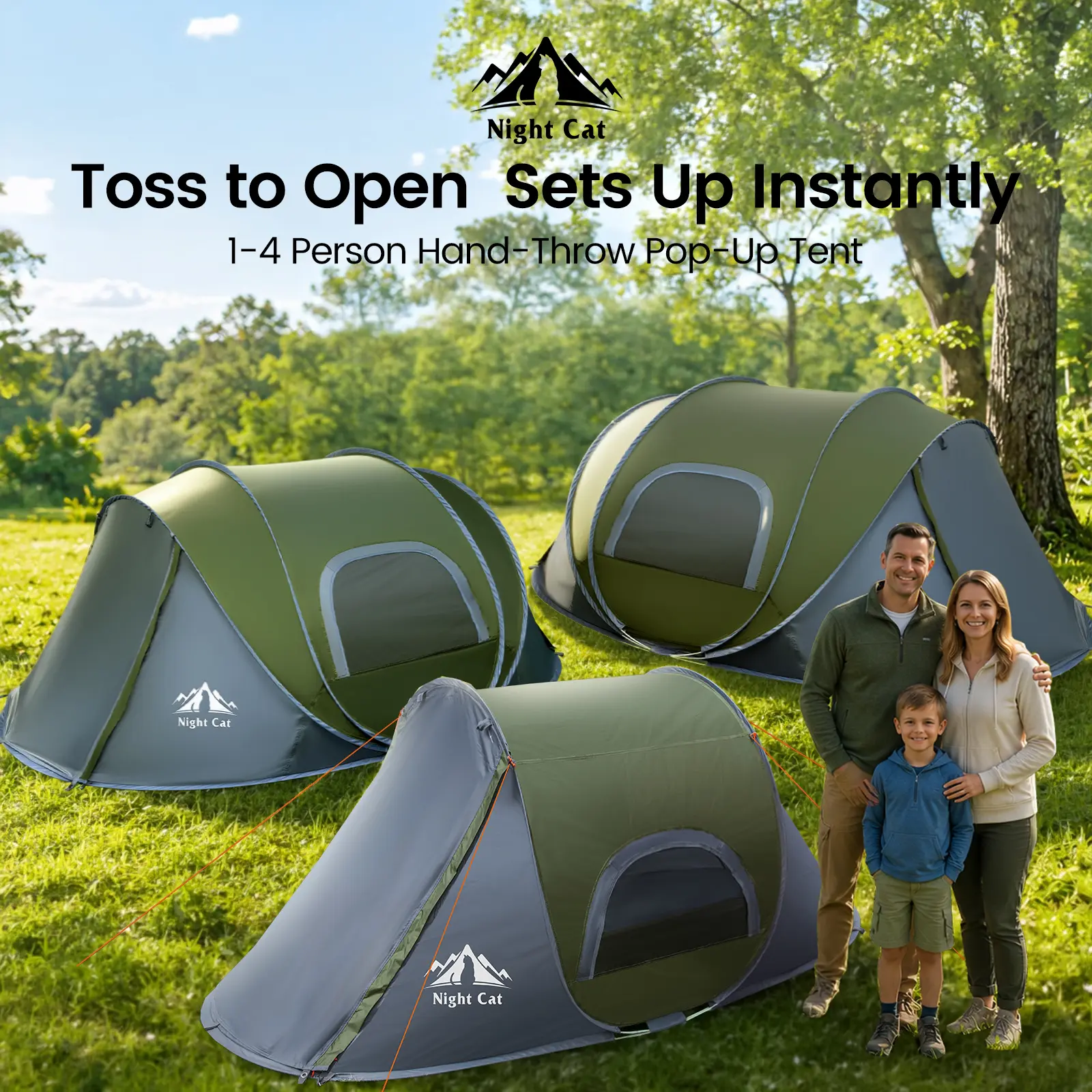 Night Cat 1-4P Instant Pop Up Tent, Spacious Queen Size Fit, Easy Fold Back Design, Rainproof & Windproof, Portable Cabin Tent for Family Vacation, Kids Play Tent, Picnic, Backyard Sleepover & Outdoor Events