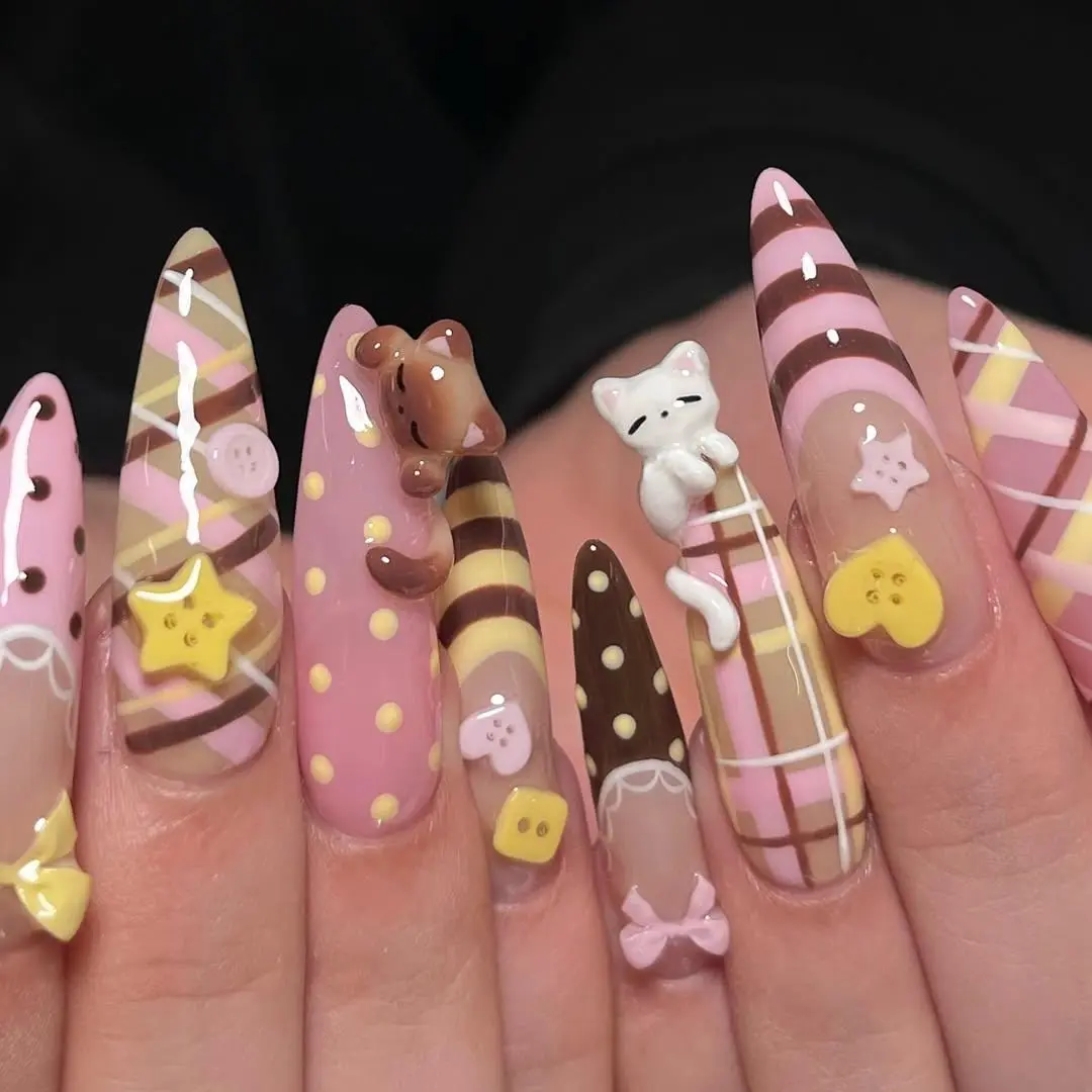 Mismatched 3D Kawaii Bear, Cat Press on Nails with Pastel Button & Bow | Fake Nails in Long Stiletto | Sweet Lolita Plaid Art
