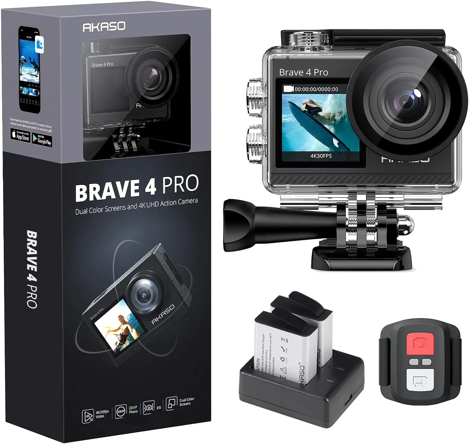 AKASO Brave 4 Pro 4K30FPS Action Camera  Underwater Camcorder Waterproof Camera with Touch Screen Advanced EIS Remote Control 5X Zoom Underwater Camera Support External Mic
