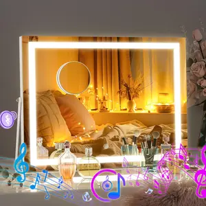 Led makeup mirror with bluetooth speaker 14 x 11 vanity mirror with lights square white frame 3 modes light smart touch control dimmable 360rotation with 5x magnifying glass