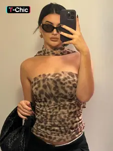 Women's Leopard Print Ruched Mesh Tube Top with Scarf, Casual Strapless Sleeveless Top for Summer, Ladies Clothes for Party Club Beach Vacation, Tube Top