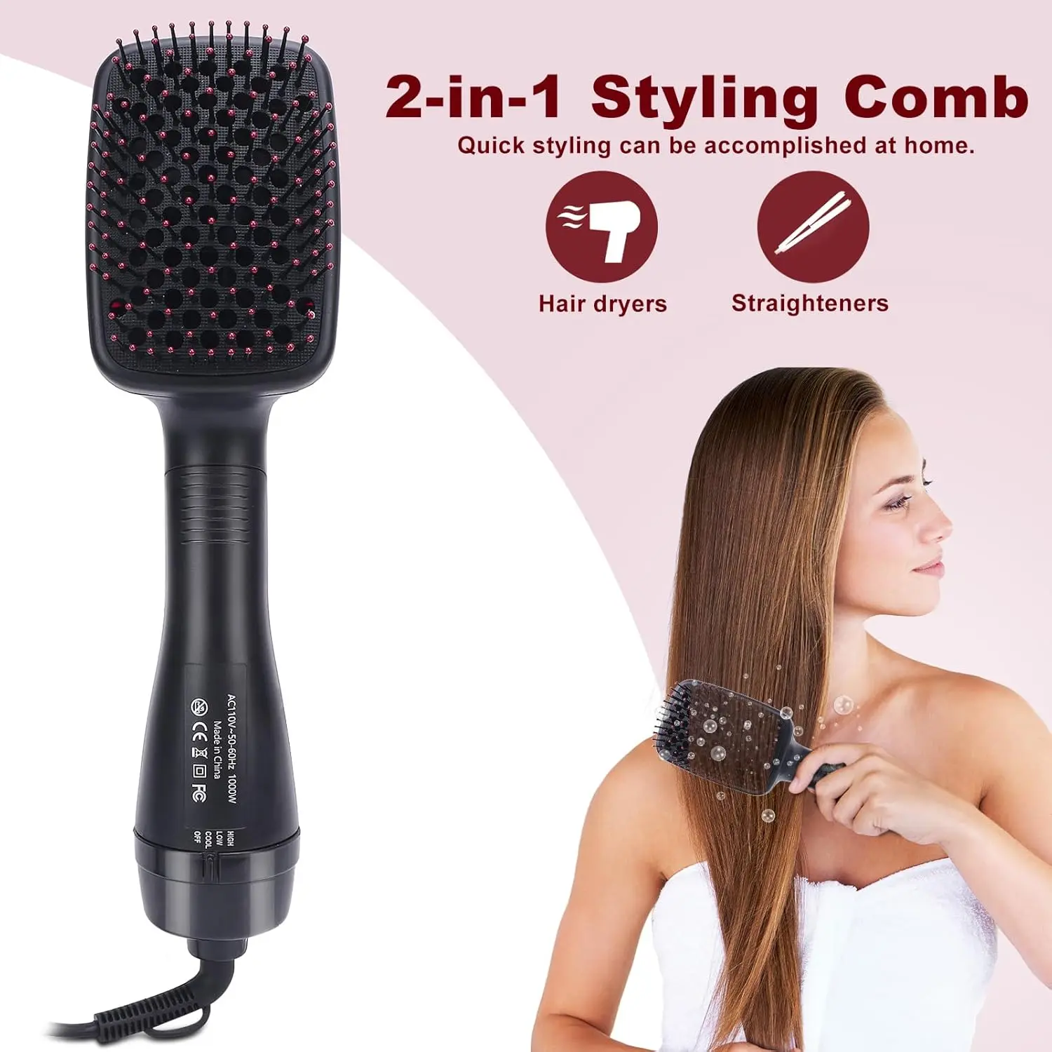 2-In-1 Blow Dryer Brush & Straightener with Ceramic Plates, Negative Ion Styler for Detangling, Smoothing, Frizz Reduction, Static Control, Standard Handheld Size Handheld Portable Bathroom Gadget Home Supply with ABS Plastic + Nylon Bristles