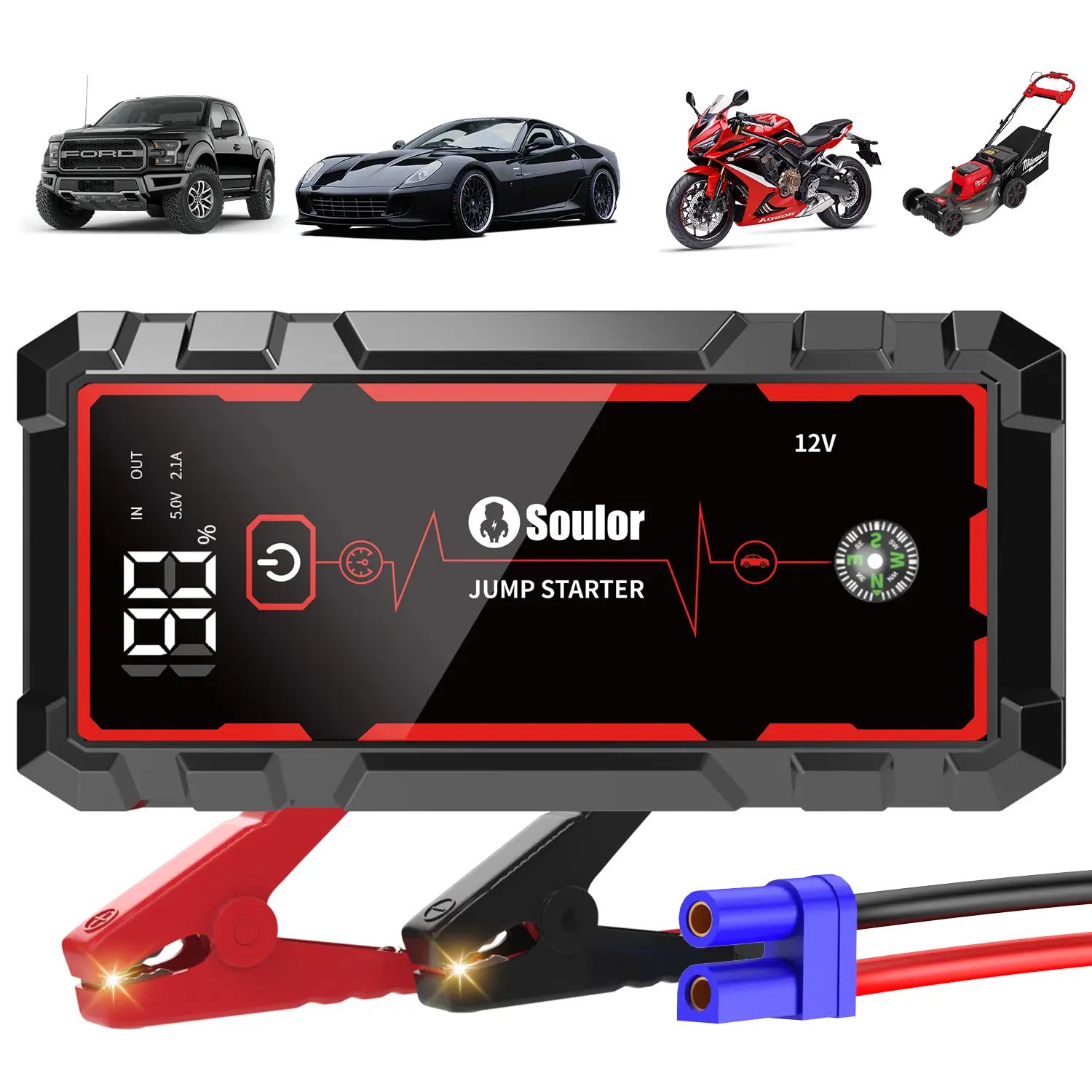 Soulor Jump Starter Battery Pack 8000mAh, Portable Car Battery Booster with LED Emergency Light, USB Charger, LCD Display, for Cars, SUVs, Trucks, Boats & Motorcycles sohochic