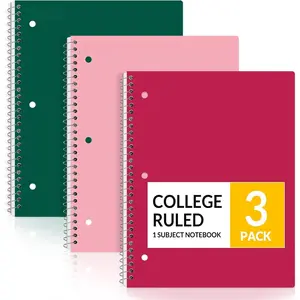Spiral Notebooks, 3 Pack, 1-Subject, College Ruled Paper, 8" x 10-1/2", 70 Sheets per Notebook, Assorted Colors Spiral Notebooks for School (Cherry, , Green)