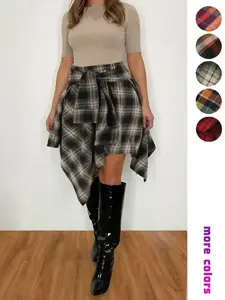 Women's Plaid Print Asymmetrical Hem Short Skirt, Casual Fashion Tie Front A Line Fitted Skirt for Daily Wear, Ladies Summer Clothes