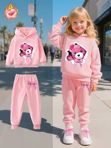 Girls' Fleece Lined Hoodie Set, Cute Bear Print Sweatshirt & Matching Pants, Fall Winter Casual Cute Clothing Set for Kids