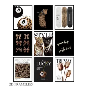 9-piece set, black-and-white leopard print wall art, cheetah-inspired wall decor, vintage Lucky 8 ball canvas print, leopard print bow print, Leopard Print Decoration, perfect for a girl's bedroom, frameless