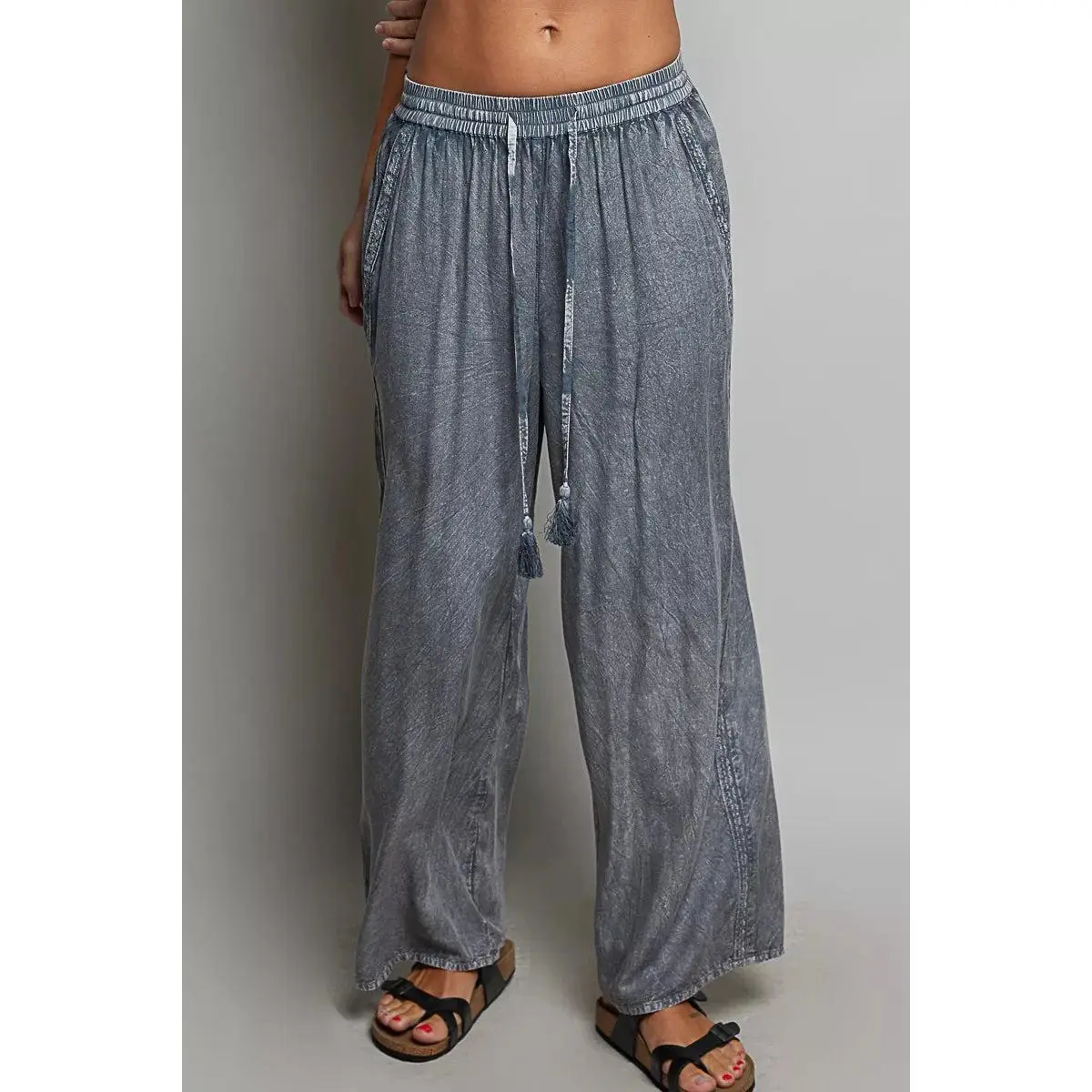 POL Tassel Drawstring Embroidered Wide Leg Woven Pants