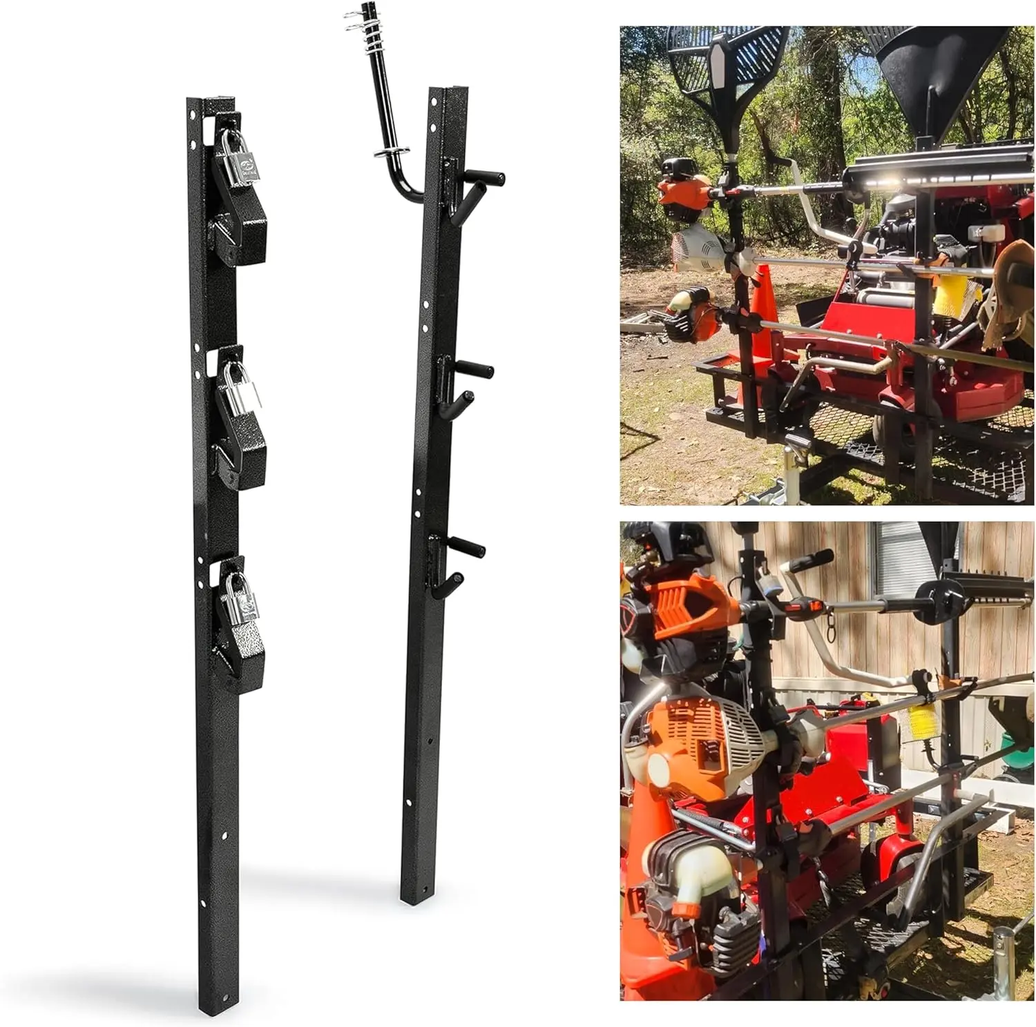 3-Place Steel Weedeater & Edger Rack Carrier, Ecotric Trailer Equipment Rack with Locks for Landscape Truck & Enclosed Trailers, Quick and Easy Installation Lockable Mount Holder