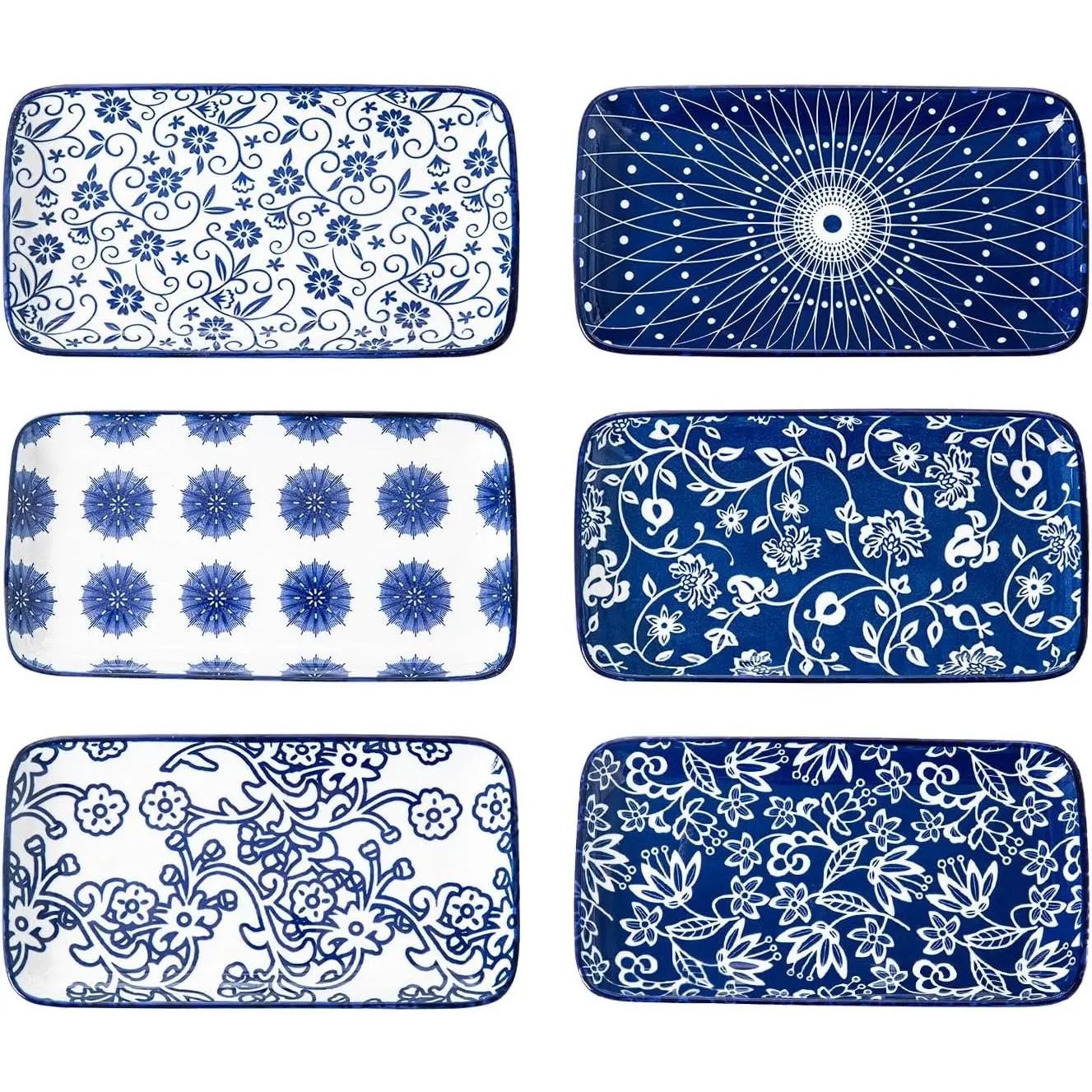 Rectangle Serving Platter Set - 8 Inch Ceramic Dinner Plates Rectangular Serving Trays for Sushi Salad Dessert Pasta Appetizer - Oven Microwave Dishwasher Safe - Set of 6 -  Blue