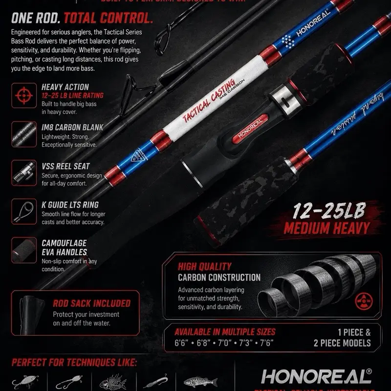 Tactical Series Bass Bait Casting & Spinning Rods - Various sizes - One section & Two section Available