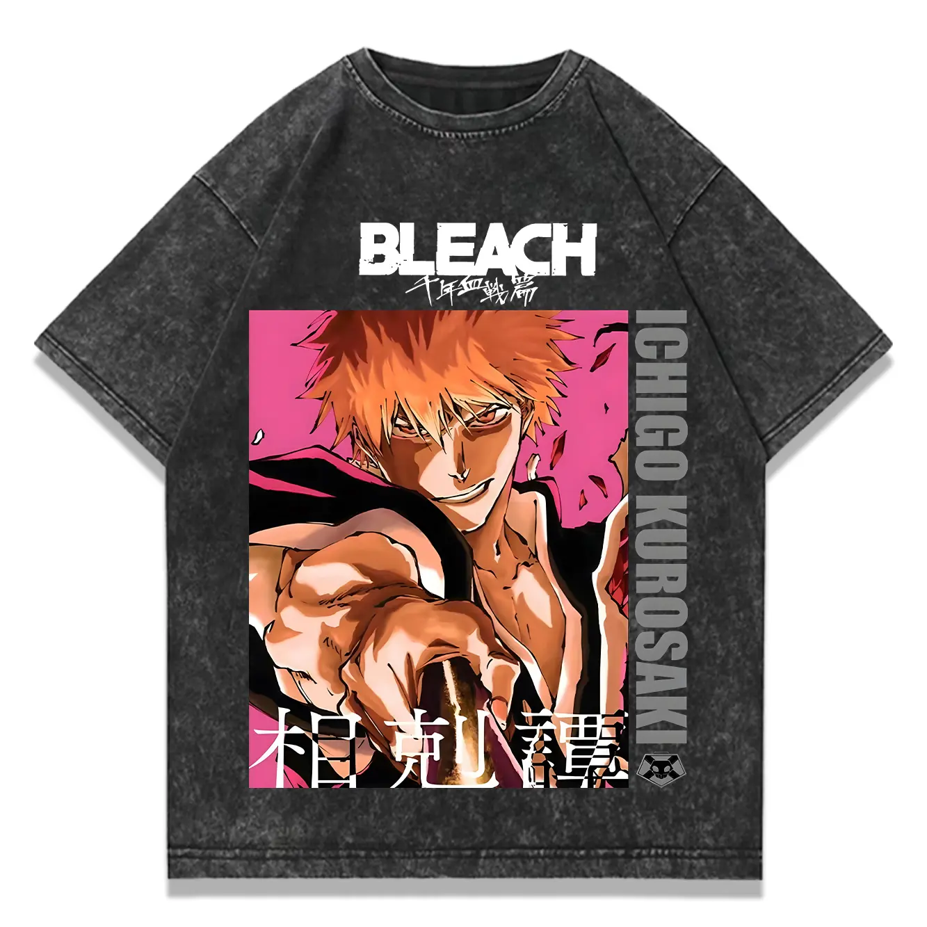 Men's Graphic Cotton T-Shirt - Vintage Bleach Anime Cartoon Whimsical Art Kurosaki Ichigo Print, Distressed Short-Sleeve Menswear, Casual Streetwear for Festive, Party Sports & Outdoor Tops, Shortsleeve, Graphic Print, Distressed Look, Top, Tshirt, Round,