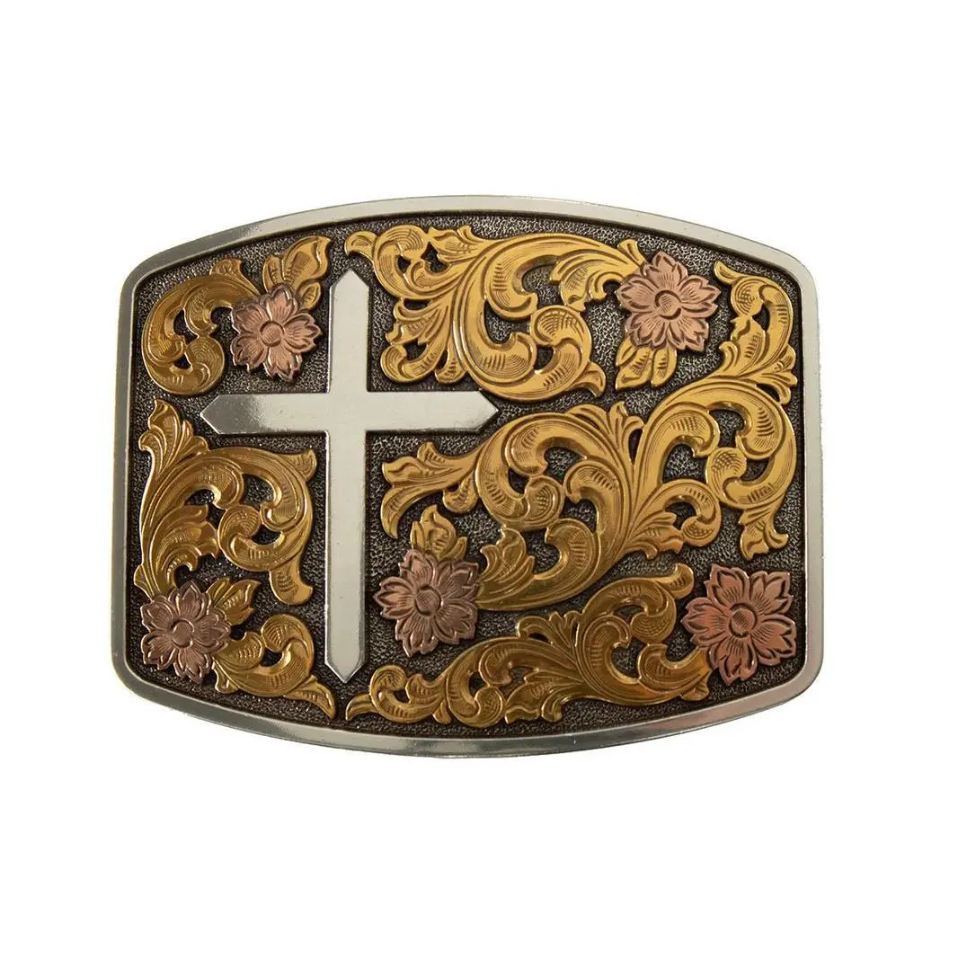 Nocona Tri-Metal Engraved Silver Elegant Belt Buckle, Cowboy Cowgirl Belt Accessory, Fashion Cross Leather Accessory for Adults (Style 37945, 3¾x2¾ in), Fashion Cross Belt