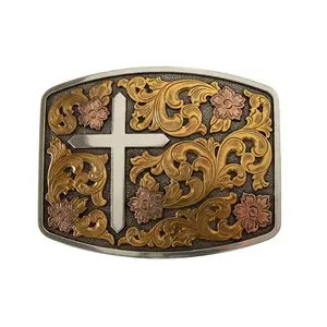 Nocona Raised Cross Western Belt Buckle – Antique Silver Tri-Metal Engraved Buckle by M&F Western (37945)