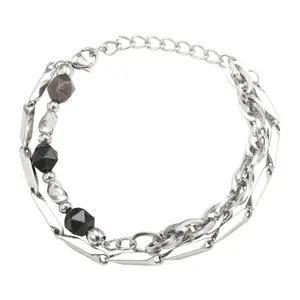 Obsidian & Titanium Steel Double Layer Bracelet |     Light Luxury Premium Men's Hand Jewelry, Unique Minimalist Style, Couple Bracelet