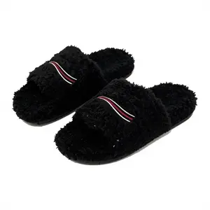 Unisex Non-Slip Black Plush Slippers Warm Fuzzy Open Toe Slide Slippers Soft Sherpa Lined House Slippers Lightweight Comfortable Indoor Bedroom Slippers