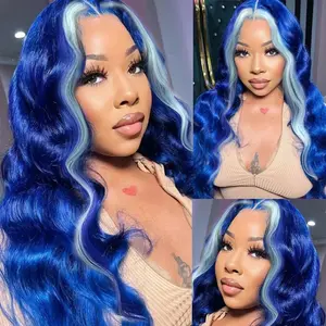 SUUSHE HAIR 13x4 Long Wavy Blue And Light Blue Lace Front Wigs Long Wavy  Blue And Light Blue Skunk Stripe Heat Resistant Fiber Hair For Women For Christmas Party 26 Inch