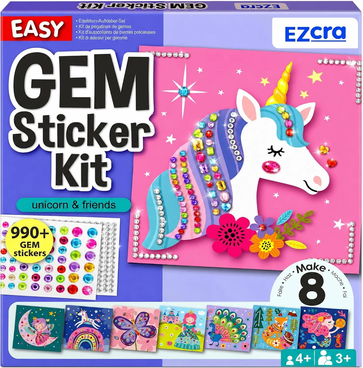Unisex 990+ Pcs Big Gem Diamond Art Sticker Kit for Kids - 8 Unicorn Themes, Mess-Free DIY Arts and Crafts Set, Creative Birthday/Holiday Gift for Ages 4-8