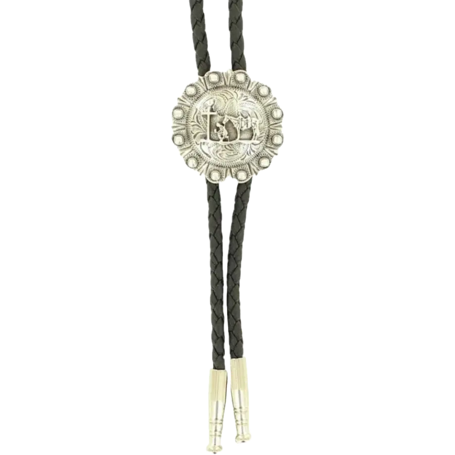 Double S Silver Engraved Praying Cross Round Bolo Tie 22844
