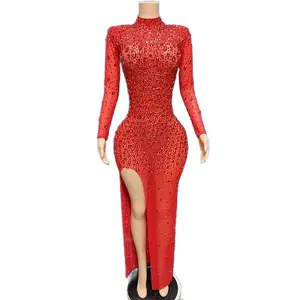 Sparkly Rhinestones Mesh Fringe Chica Vestido De Noche Elegant Ladies Dress