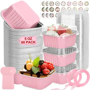 60 Pack Mini Cake Pans with Lids and Spoons, 5oz Square Aluminum Foil Loaf Pans Pink Small Cake Tins Disposable Baking Pans Dessert Cupcake Cups with Ribbon Decals for Wedding Birthday Party Picnics