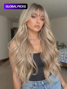 24 Inch Natural Look Long Curly Wig for Women, Elegant Synthetic Hairpiece with Bangs, Comfortable Fit, All-Seasons Wear, Snug Fit Wig, Blonde Wig, Synthetic Fiber Wigs