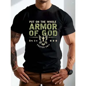 [Plus Size Graphic Tee]  Men's Plus Size Graphic T-Shirt - "Put on the Whole Armor of God" with Cross and Stars Design | Casual Black Tee for Summer, Regular Fit, Bold Text Design