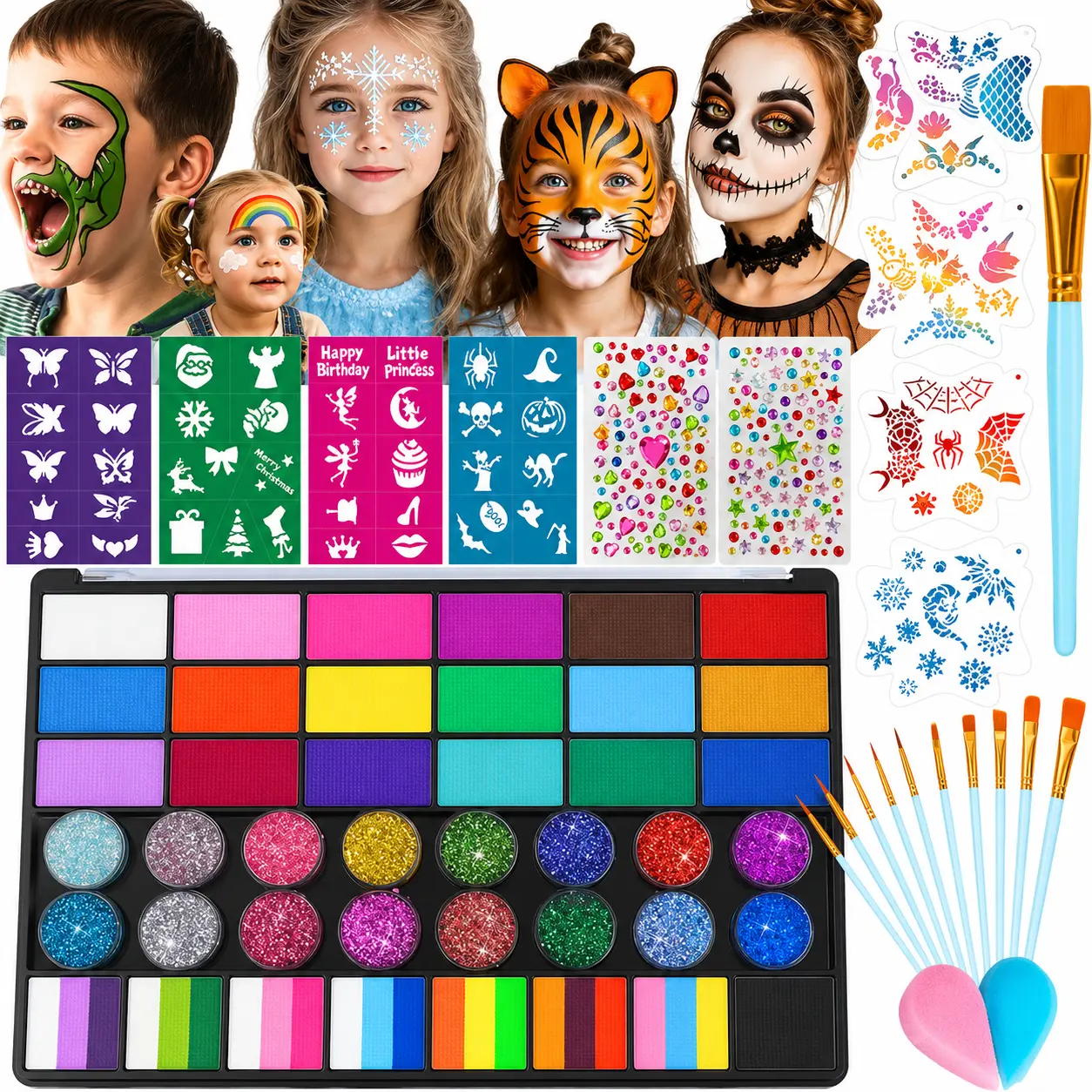Face Painting Kit for Kids 42  Professional Face Paint Kit Non Toxic Water Activated Face & Body Paint Palette with Brushes Stencils Sponges Gems for Halloween Birthday Parties Christmas & Cosplay