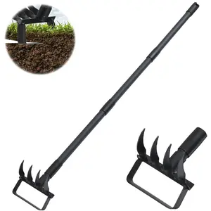 Action Stirrup Hoe Garden Tool Weed Puller with Adjustable Long Handle, Heavy Duty Hoe and 4 Tines Rake 2 in 1 Durable Gardening Tools Garden Cultivator for Weeding Soil Loosening, Black