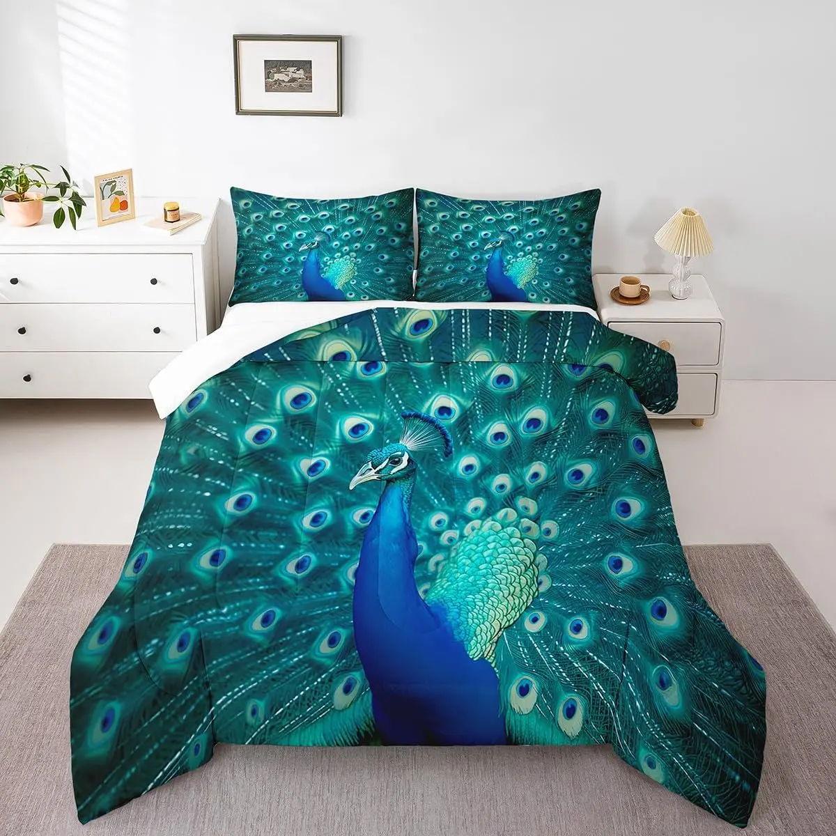 Feelyou Teal Peacock Bedding Set - Cute Animal & Feather Printed Decorative Bedroom Bedding, Breathable Soft Down Duvet for Adult Women, Bedroom Bedding Set, Breathable Duvet Set