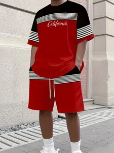 Men's Sporty Tee Short Set, 3D Printed Casual Fashion Summer, Fitted Crop/short Length, Geometric Pattern, Short Sleeve, Athleisure Wear Set