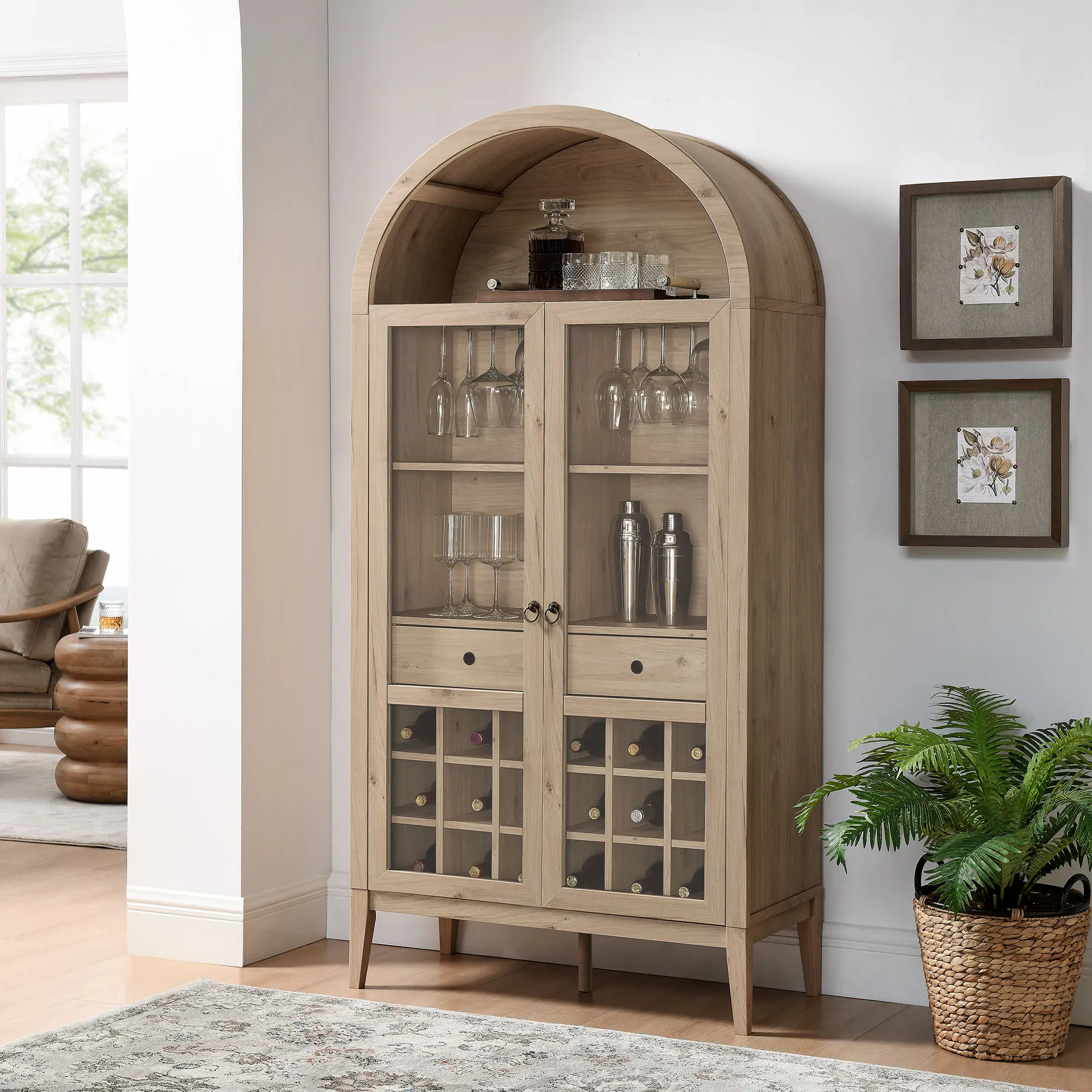 Nolan Light Oak Arched Bar Cabinet - Farmhouse Storage Furniture, Arched Top Home Bar Indoor Cabinet, Farmhouse Arched Cabinet
