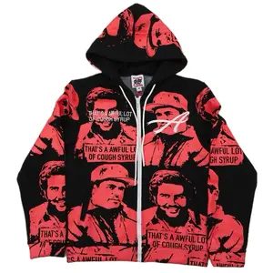 Streetwear Hoodie Black with Red Graphic Print Full Zip Comfortable Fit for Casual Wear
