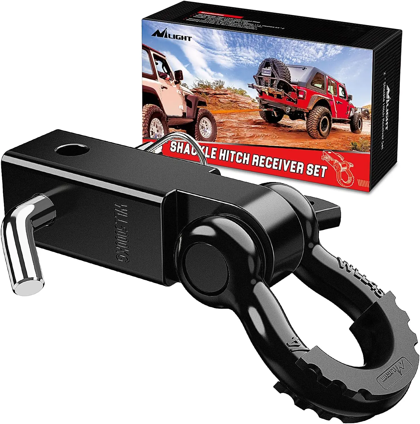 Nilight Heavy-Duty Hitch-Mounted Shackles 2-In Receiver Kit - 45000 LBs Breaking Strength, 3/4" D-Ring Shackle, Trailer Hitch Pin - Superior Quality Truck Accessories for Pickup, Off-Road Vehicle Recovery Towing