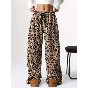 Women'sLeopardPrintCoralFleecePants,ThickenedWarmHomeWear,VintageLooseFitWideLeg,FallWinterCasual,CasualStreetTrousers Bottoms Womenswear