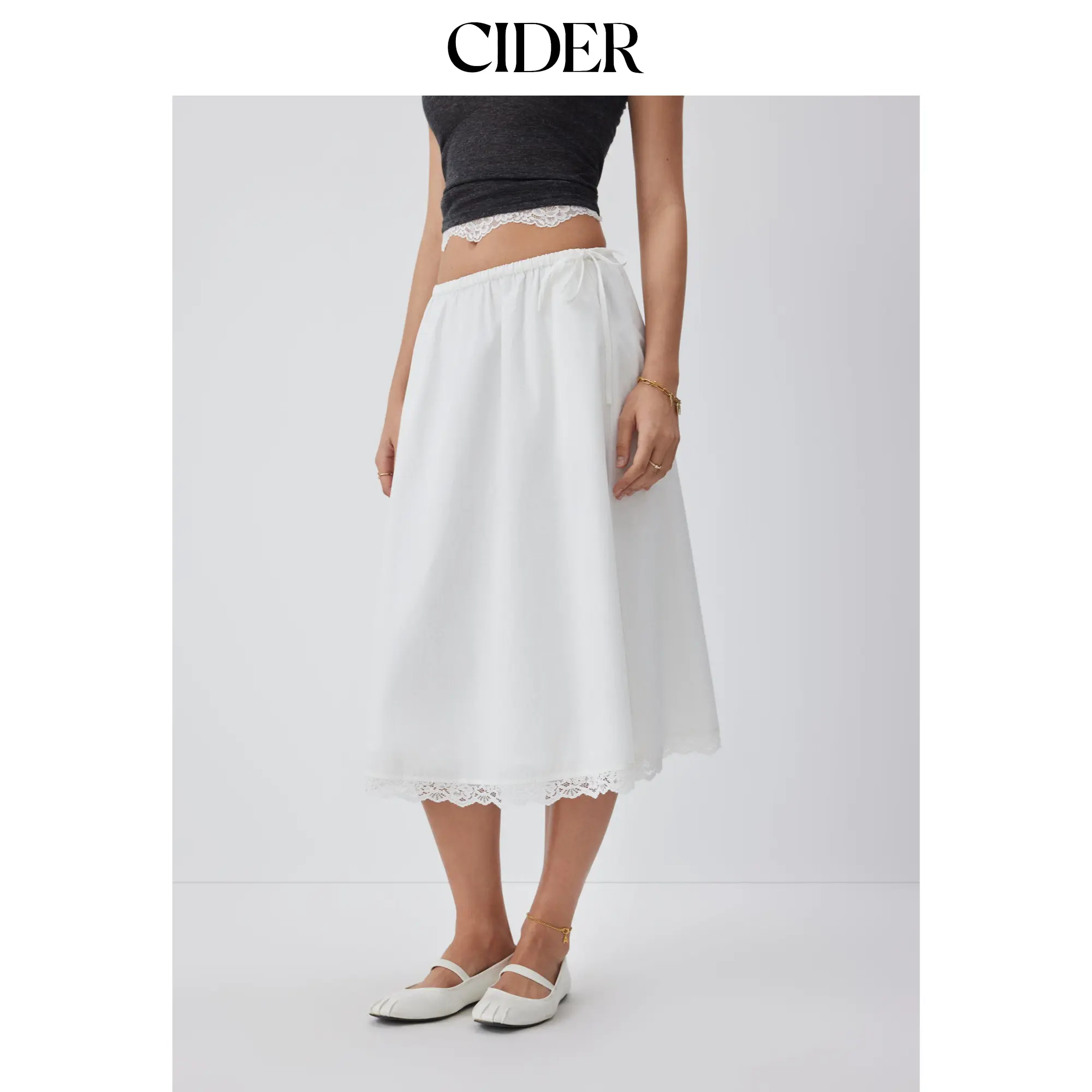 Cider Cotton-blend Mid Rise Lace Trim A-line Maxi Skirt