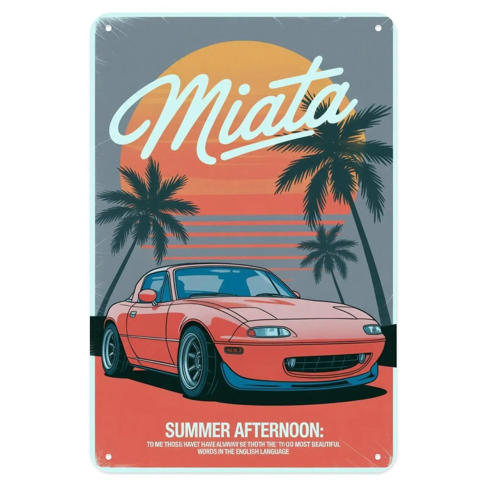 Vintage Mazda Miata Summer Sunset Palm Trees Car Metal Sign Print Aesthetic Room Decoration for Home Bedroom Kitchen Bar Coffee Bathroom Indoor Outdoor Wall Decor, 8 X 12