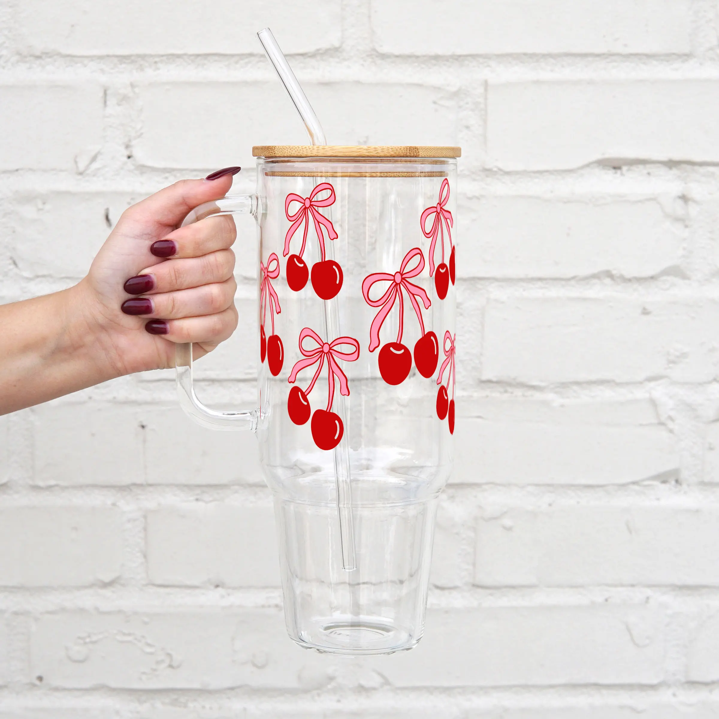SIP-SIP HOORAY! 40oz Coquette Printed Aesthetic Glass Cup with Lid and Straw - Reusable, Washable Iced Coffee Water Bottle, Novel Design Exclusive Elegant Bottle, Cute Girly Gift for Women, Kitchenware Drinkware