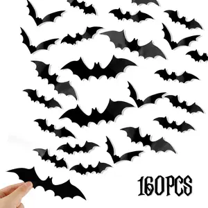 160PCS 3D Halloween Bats Wall Decor - Scary Black Bat Stickers in 7 Sizes for Spooky Home & Party Decorative Ornaments Removable PVC Material Easy DIY Application - Smooth