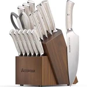Astercook kitchen knife set, with German 1.4116 steel, sharp and rust-resistant, ergonomic nylon handle, dishwasher safe, black Block Steak Wood