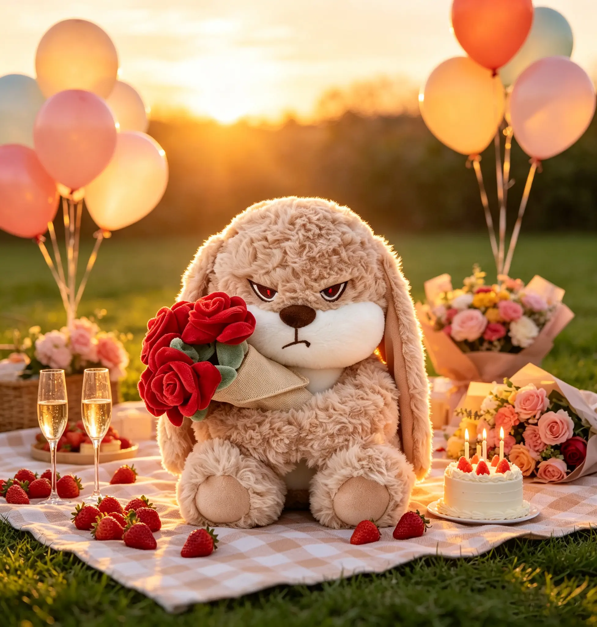 Grumpy Lop Ear Bunny Plush Toy with Red Rose, Cool Angry Face Rabbit Stuffed Animal, Cute Fluffy Bunny Doll Gift for Birthday Valentine Anniversary Dating Home Decor.