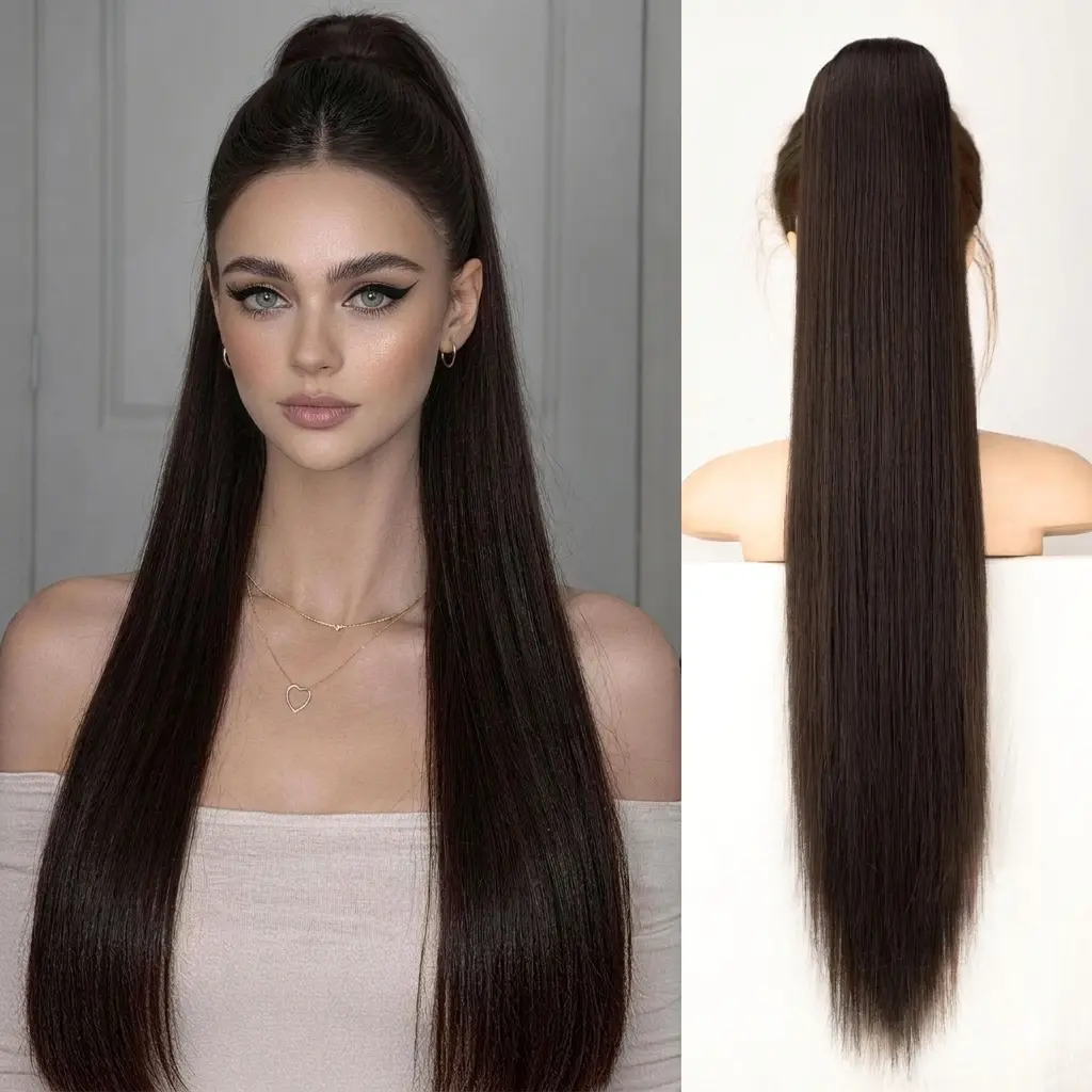 Women's 30-Inch Silky Straight Claw Clip Ponytail Extension, Brown Black Adjustable Synthetic Glueless Hairpiece, 170g/6oz 30 Inch Extensions for Party Daily Use, Silky Straight Hair, Adjustable Synthetic Extensions & Pieces