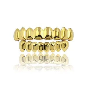 Hip-hop gold braces set, 8 upper and 8 lower teeth each, smooth braces, street casual style, rap
