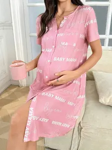 Women's Casual Letter Print V-Neck Single Breasted Loose Short Sleeve Maternity Nightgown Pink Knitted Fabric Regular Fit
