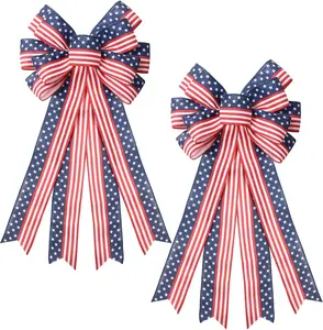 2PCS 4th of July Patriotic Bows, Red White Blue American Flag Wreath Bow for Front Door, Stars and Stripes Tree Topper Bow, Patriotic Decorations for Independence Day, Memorial Day, Veterans Day, Labor Day, Indoor Outdoor Home Porch Party Holiday Decor