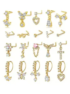 Women's Stainless Steel Dangle Nose Ring, L-Shaped Dangling Design, Cz Flower Detailing, Elegant Nose Piercing Jewelry Accessory Nosering